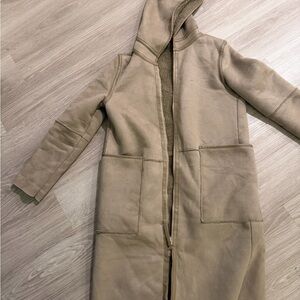 Zara Long Hooded Shearling Trench Coat — Taupe